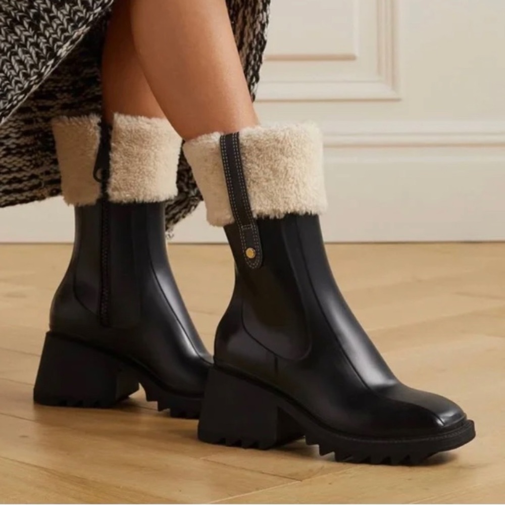 Chloe Black Rain & Winter Boots with Cream Shearling Cuff